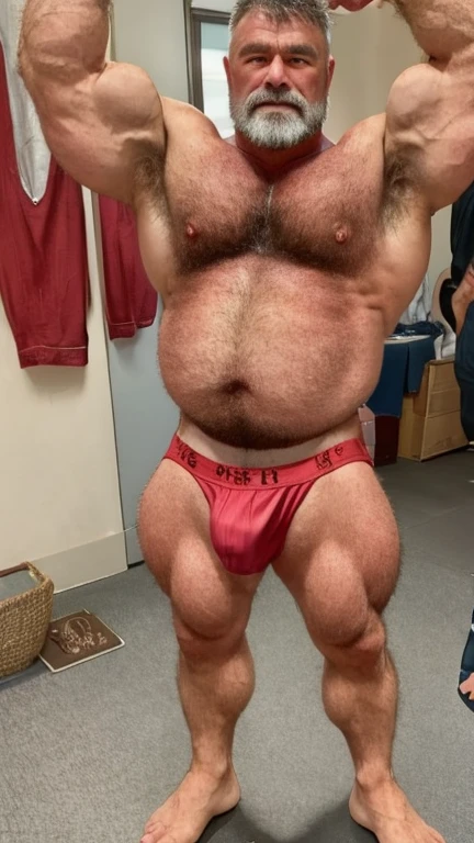 An older Japanese male bodybuilder with his upper body naked。Big muscles。Big Belly。thick limbs。
A standing posture that shows the whole body。
極端に短いGray-hairedの顎髭。
極端に短いGray-hairedの髪。
A Japanese male bodybuilder is wearing only red bikini briefs.。
I am only a translate agent。
Sunburned skin。Hairy skin。
男性はThe whole body is hairy。Full body covered in hair。Gray-hairedの胸毛。Gray-hairedの腹毛。Gray-hairedの下腹部の毛。Armpit hair。Arm hair。Leg hair。Thigh hair。shin hair。
A symmetrical Japanese face。Japanese round face。The gentle face of the Japanese。Gentle face of Japan man。The gentle expression of a Japanese person。single eyelid。Kind eyes。Small eyes。Round Nose。Big Nose。Small Mouth。Small lips。
Statue。Low - Angle。Full body portrait。Gray-haired。The whole body is hairy。
Maximum number of pixels。Highest quality。ピントがきちんと合ったHighest qualityの写真画質。