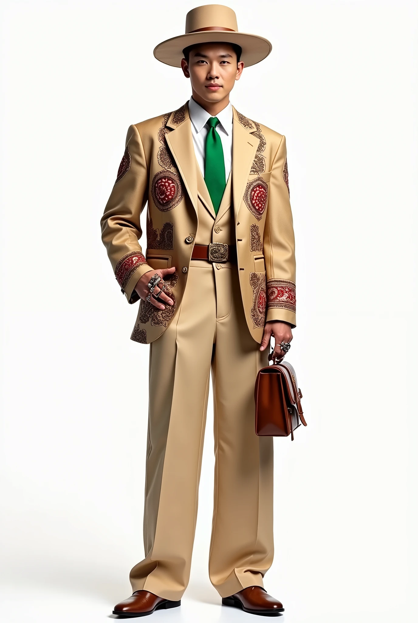 korean man wearing beige suit with lot of arabic patterns ,((full body)),oversize classic pants , green tie ,design inspired by arabic aladin tale, hat , rings , leather bag, Poster ad , special pose ,photoshotting ,white background