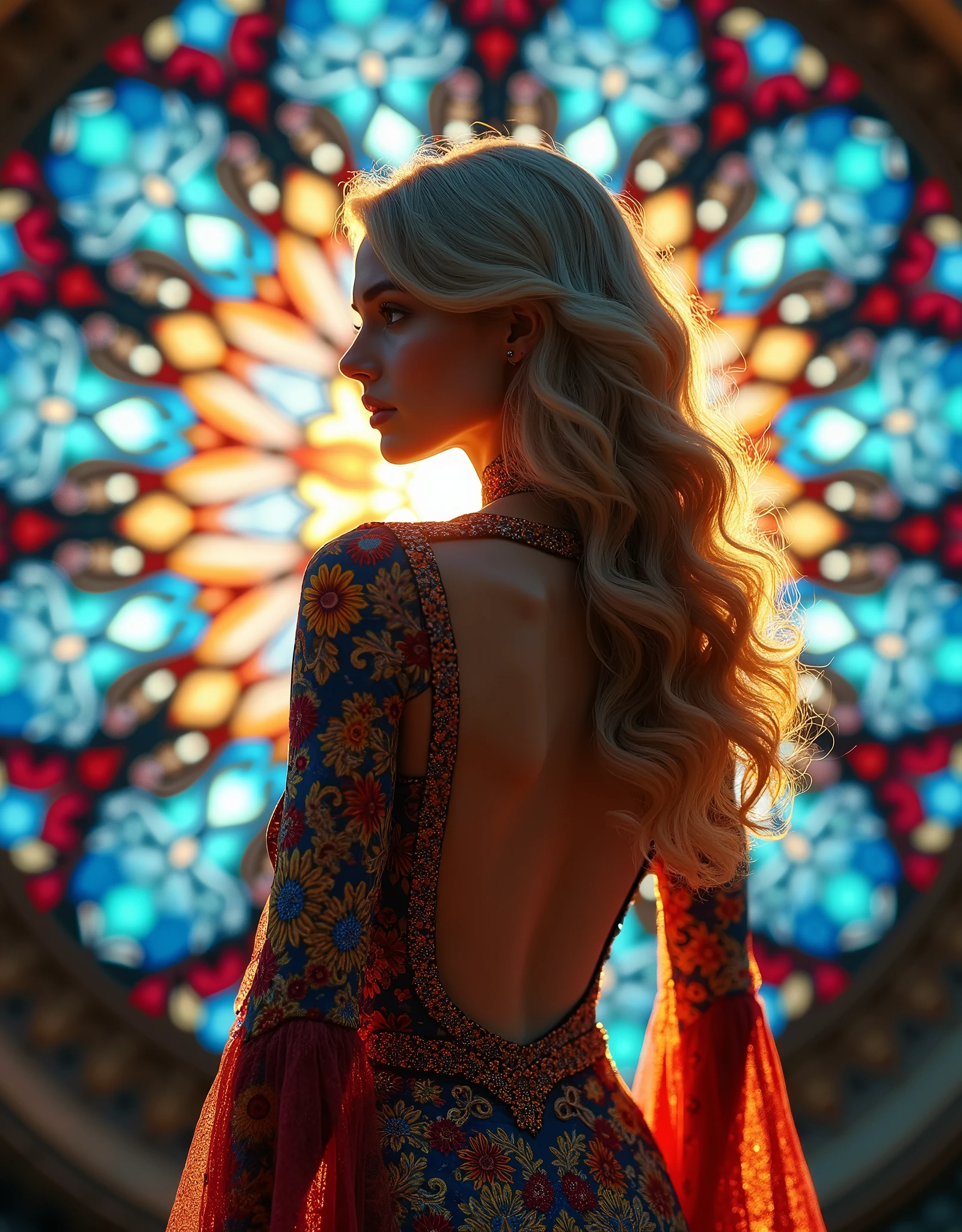 (masterpiece, best quality), 8K,(((Very detailed))), Race:1.8,Super intricate Race pattern,colorful Race pattern,Stained glass background transparent body, Mandala,Light Up,cold, 1 female,Open back,(curls,Blonde),varies,multi, etc. --v 6 --s 1000 --c 20 --q 500 --chaos 100