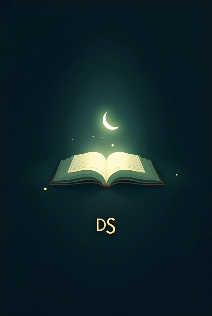 Symbol: A simple Quran icon with light emanating from it.
Colors: White, with green or gold accents.
Text: The initials "DS" in a modern, clean font, accompanied by a small crescent moon above or beside the initials.