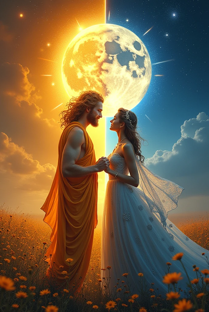 Make a cover page in the mitolohiya: "Ang Walang Hanggang Pag-ibig ng Diyos ng Araw at Diyosa ng Gabi" with these characters:

Helios - diyos ng Araw
Luna - diyosa ng Gabi 
