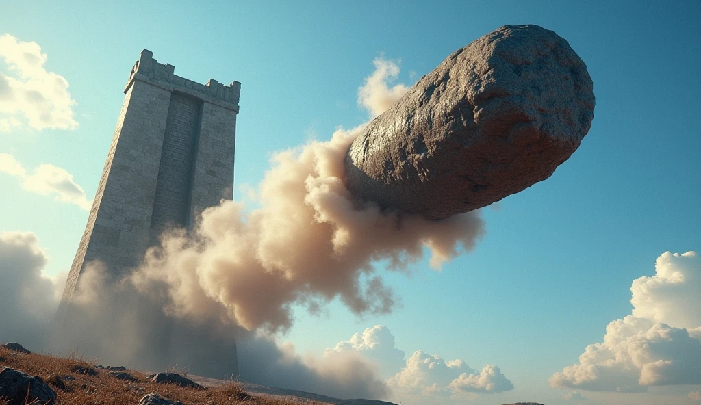 A highly realistic, high-contrast, 8K HD, detailed, hyper-detailed image of a massive stone flying through the sky, launched from a powerful catapult. The stone, rough and imposing, soars through the air, its surface catching the light as it moves with great speed and force. The background features a vast open sky, with the stone's trajectory clearly visible as it arcs toward its target. The atmosphere is filled with tension and anticipation, capturing the sheer power and momentum of the flying stone. The image is of the highest quality, with ultra-high resolution, RAW photo quality, and Unreal Engine rendering, showcasing the dynamic motion and epic scale of the stone as it dominates the sky.
