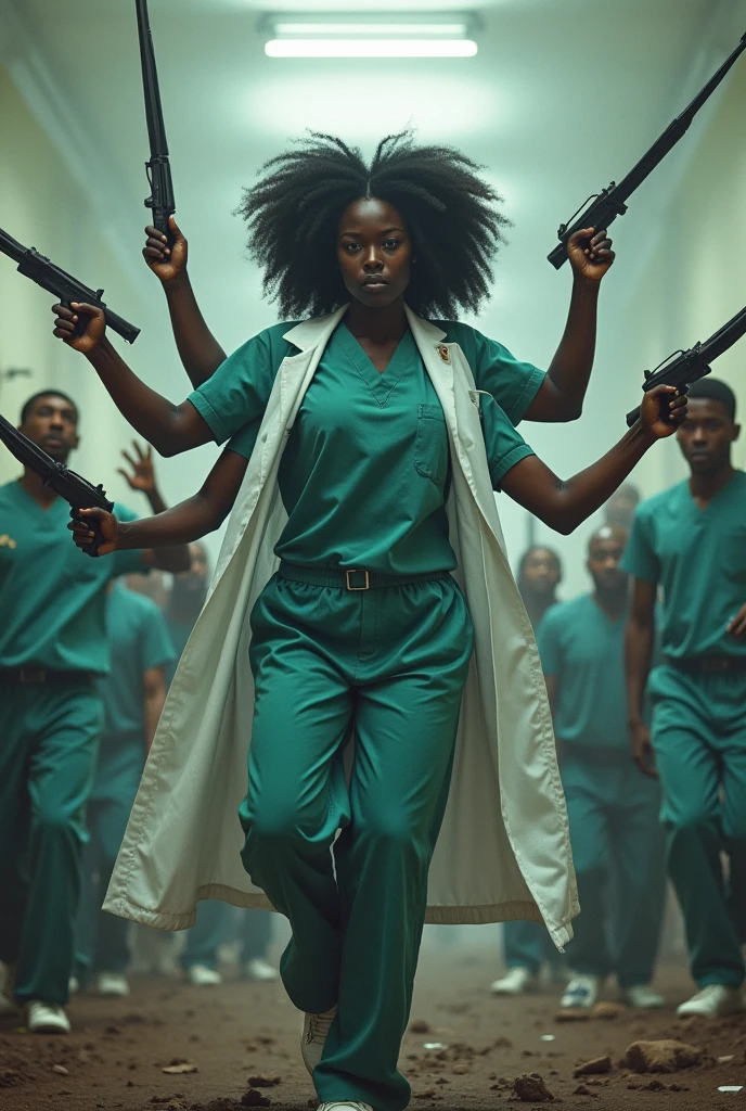 Highly detailed image, ebony doctor woman gore big boobs with ten arms weapons in hands fighting and kicking with men surrounding her, angry, killer moves, crowd afraid, hospital in the background