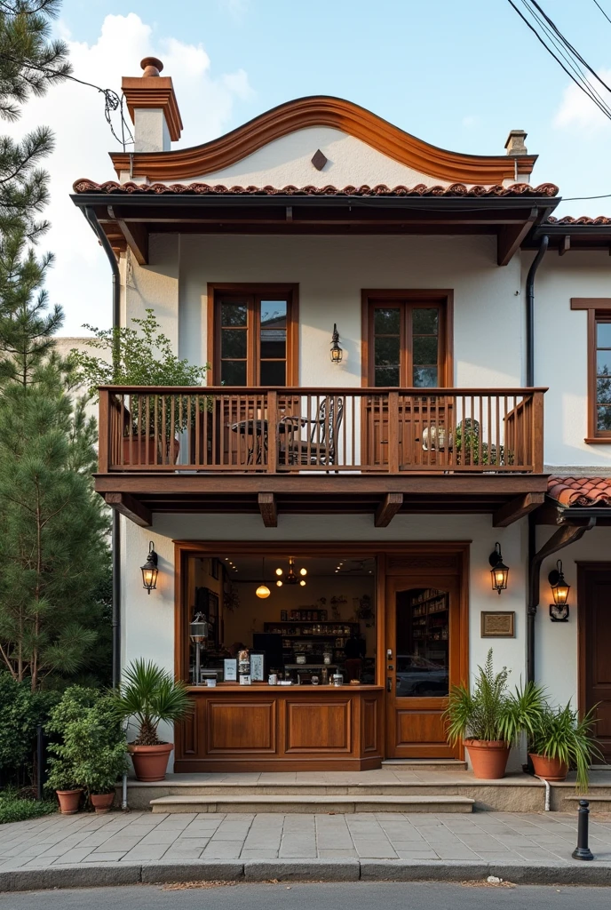 vintage and aesthetic modern style of exterior perspective of 2 story small coffee shop with balcony on second floor