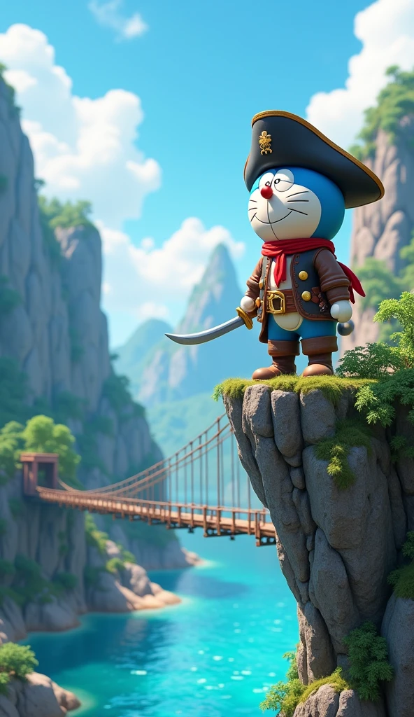 Image of captain doraemon wearing pirate costume.go to a cliff with an old suspension bridge under the bridge is water .  Sharp 4k 3d images 