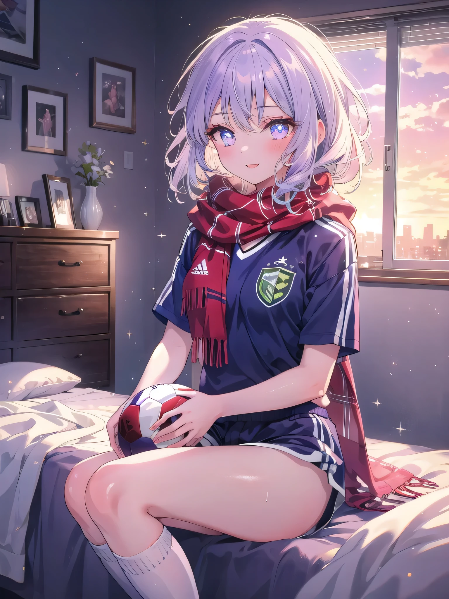 ((8k, Highest quality, masterpiece: 1.3)),Ultra-high resolution,(1 girl, alone), (Color changing eyes, Ultra-detailed, Expressive brilliance, Glitter, Glowing Eyes), Highly detailed eyes, Highly detailed face, Random Hair, ((pastel colour))A joyful young woman with pastel lavender hair styled into loose waves, sitting cross-legged on her bed in her softly lit bedroom during a late afternoon. She is dressed in a simple yet subtly sexy soccer player cosplay, wearing a fitted jersey, athletic shorts, and knee-high socks. The camera captures her from a slightly elevated angle as she smiles brightly, holding a soccer ball in her lap, her expression full of energy and excitement. The room is warmly lit by the setting sun, with a few sports posters on the wall, a soccer scarf draped over a chair, and a lively, sporty atmosphere, (nsfw:1.3)