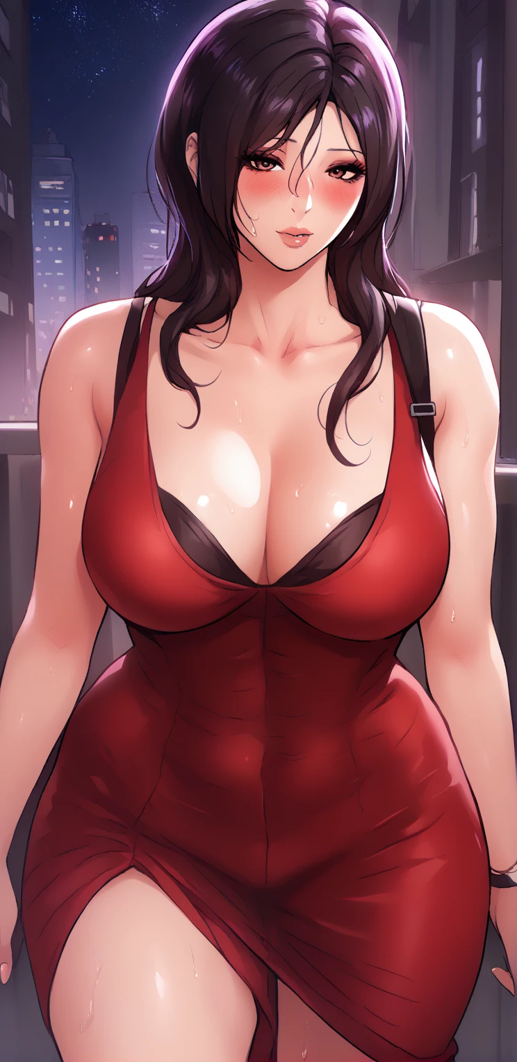 score_9, score_8_up, score_7_up, score_6_up, score_5_up, score_4_up, yu hee, brown eyes, black hair, long hair, large breasts, mature woman,  1girl, long_hair, blush, sweat, black_eyes, black_hair, lips, black_hair, solo, dress, long dress, jewelry, bare shoulders, loose dress, night, city, outdoors, POV date, collarbone, ada wong, red dress, Chinese 