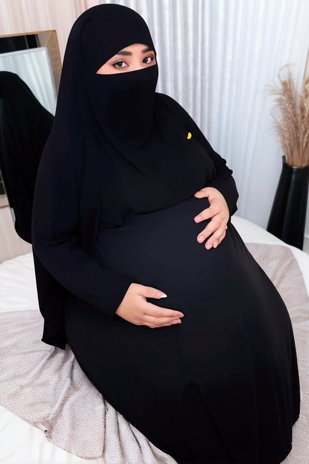 pregnant woman in black dress sitting on bed with hands on belly, pregnant belly, pregnant, her belly is fat and round, pregnancy, maternity feeling, sie boob, she has a jiggly fat round belly, serena malyon, belly exposed, ameera al-taweel, femme fetal, hijab, maternal photography 4 k, close body shot, fetus