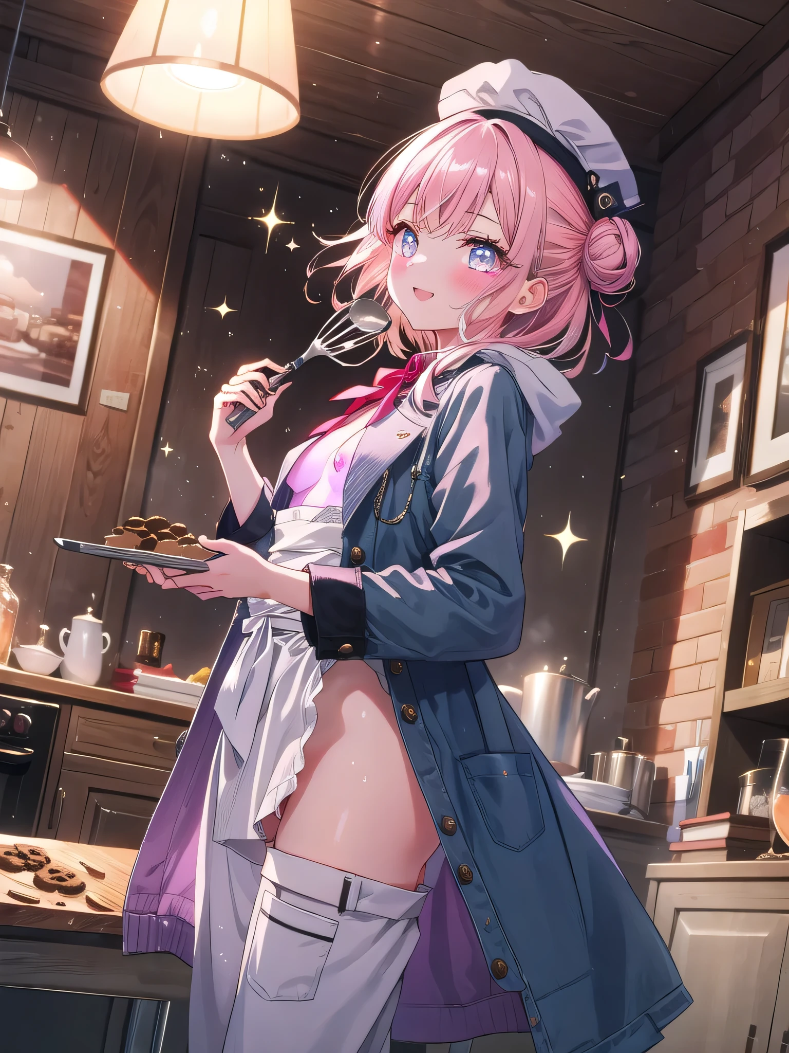 ((8k, Highest quality, masterpiece: 1.3)),Ultra-high resolution,(1 girl, alone), (Color changing eyes, Ultra-detailed, Expressive brilliance, Glitter, Glowing Eyes), Highly detailed eyes, Highly detailed face, Random Hair, ((pastel colour)),A beaming young woman with pastel pink hair styled into a messy bun, standing by her desk in her softly lit bedroom during a quiet evening. She is dressed in a sweet yet subtly sexy chef cosplay, wearing a white chef's coat, a pair of fitted pants, and a small chef's hat. The camera captures her from a side angle as she holds a whisk with a bright smile, her expression full of enthusiasm and creativity. The room is warmly lit by a desk lamp, with a few cookbooks on the desk, a small tray of cookies, and a cozy, culinary atmosphere,(nsfw:1.3)