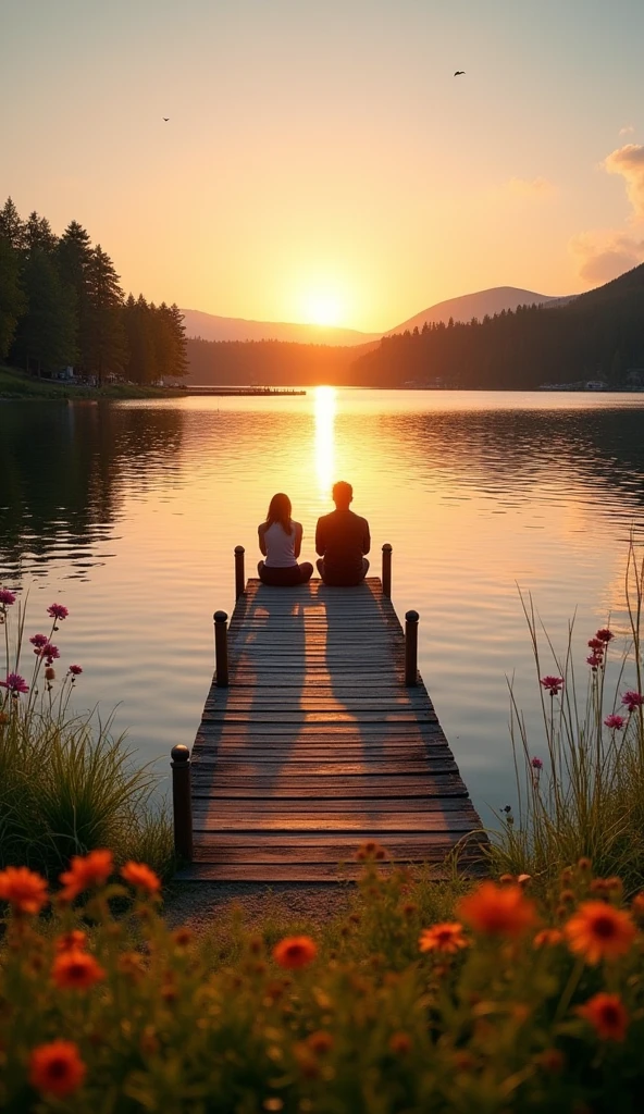 A serene lakeside dock where we can sit side by side, our feet dangling above the water, as we reminisce and enjoy the calm, reflective atmosphere.