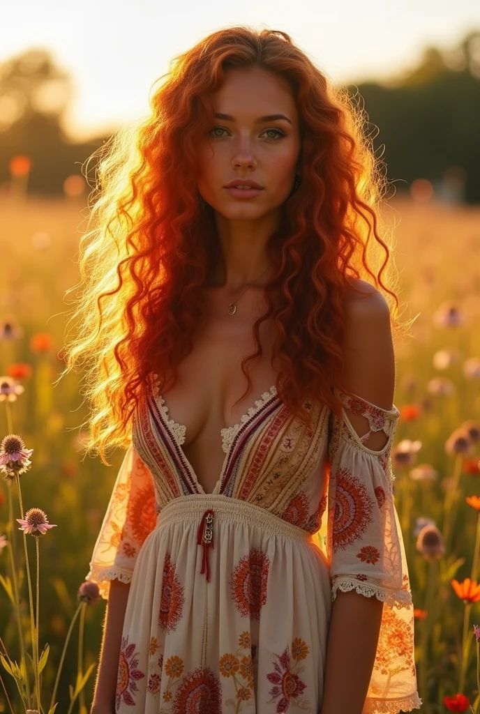 Imagine a young woman with long, curly, copper-orange hair with burgundy highlights on her hair.