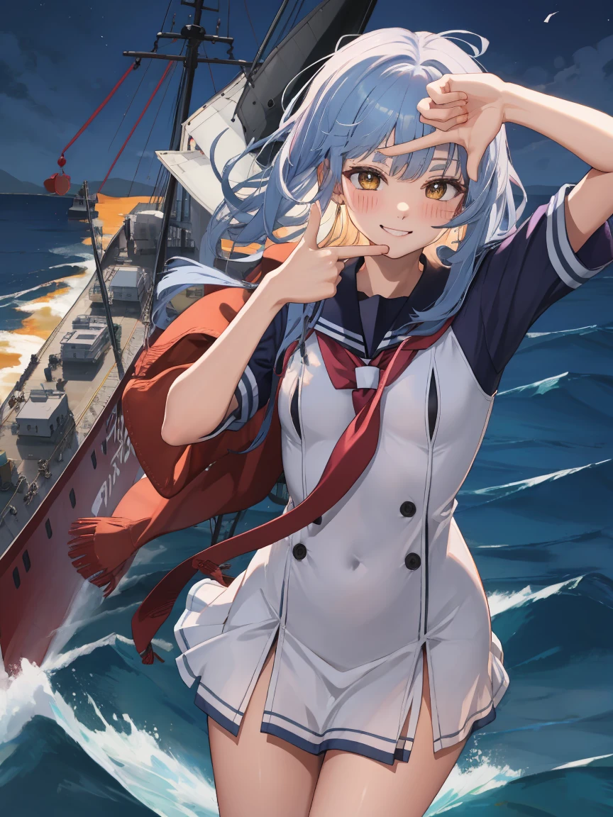 Portrait, official art, best masterpiece, best quality, best resolution, 8K, best detailed, perfect anatomy
BREAK
(bust up shot), finger frame, (Hair fluttering in the wind), facing to viewer,
BREAK
(smile), blush, happy
BREAK
murakumo (kancolle), long hair, dress, sailor dress, amber color eyes, grey hair, red necktie, ribbon, hair ribbon, sailor collar, bangs, sidelocks, white dress, tress ribbon, blue sailor collar, 1gilr , solo, (small breasts:1.2)
BREAK
(night, midnight, darkness:1.3), (sea, on the sea, sky), dust, dust, light particles very fine and detailed 16KCG wallpapersrs