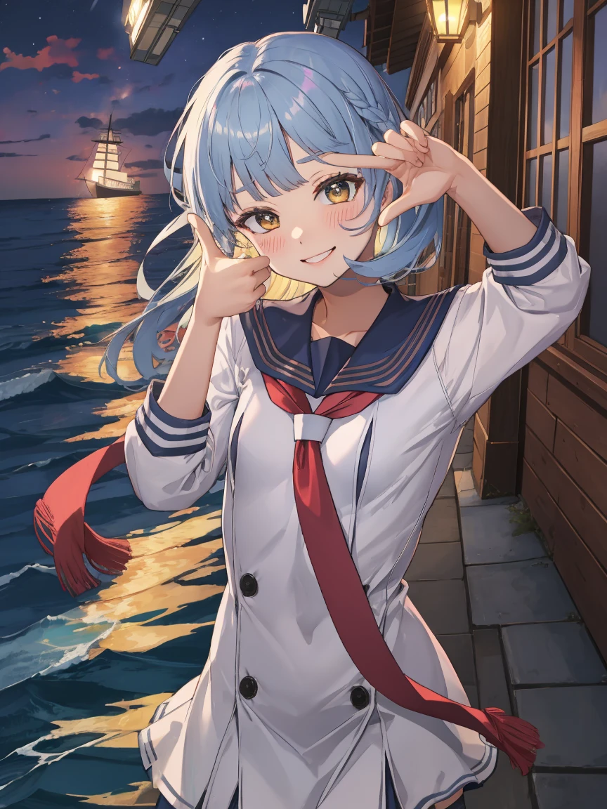 Portrait, official art, best masterpiece, best quality, best resolution, 8K, best detailed, perfect anatomy
BREAK
(bust up shot), finger frame, (Hair fluttering in the wind), facing to viewer,
BREAK
(smile), blush, happy
BREAK
murakumo (kancolle), long hair, dress, sailor dress, amber color eyes, grey hair, red necktie, ribbon, hair ribbon, sailor collar, bangs, sidelocks, white dress, tress ribbon, blue sailor collar, 1gilr , solo, (small breasts:1.2)
BREAK
(night, midnight, darkness:1.3), (sea, on the sea, sky), dust, dust, light particles very fine and detailed 16KCG wallpapersrs