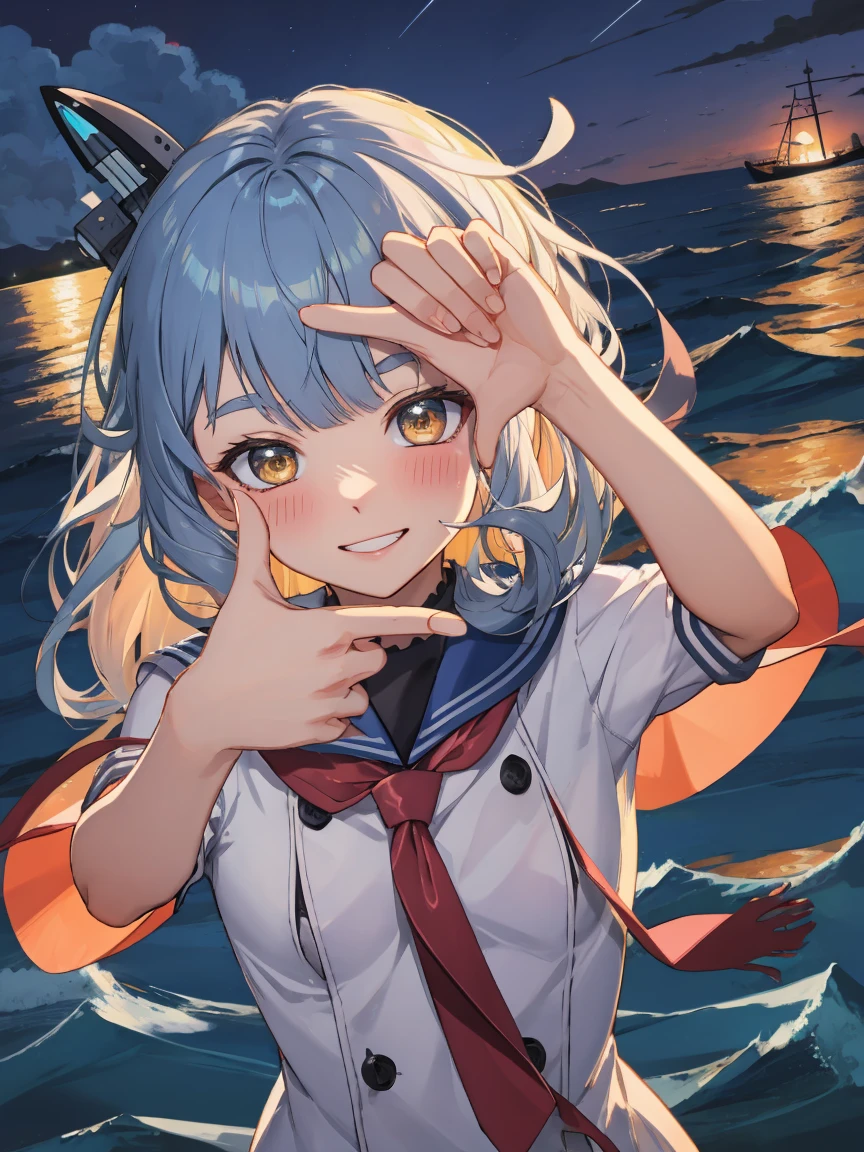 Portrait, official art, best masterpiece, best quality, best resolution, 8K, best detailed, perfect anatomy
BREAK
(bust up shot), finger frame, (Hair fluttering in the wind), facing to viewer,
BREAK
(smile), blush, happy
BREAK
murakumo (kancolle), long hair, dress, sailor dress, amber color eyes, grey hair, red necktie, ribbon, hair ribbon, sailor collar, bangs, sidelocks, white dress, tress ribbon, blue sailor collar, 1gilr , solo, (small breasts:1.2)
BREAK
(night, midnight, darkness:1.3), (sea, on the sea, sky), dust, dust, light particles very fine and detailed 16KCG wallpapersrs