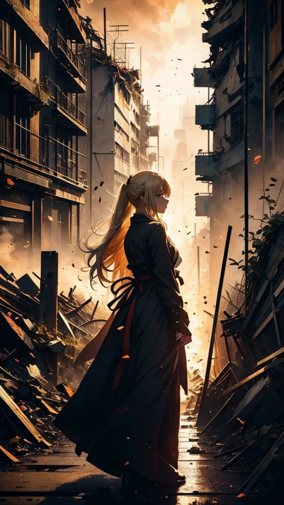 1people々々々々々々々々々,Blonde long-haired woman,Long coat, Dress Silhouette, Rear View, Anime Style, Gazing down from the rooftop at the city buried under rubble.,Collapsed building,Seeing missiles cover the sky,