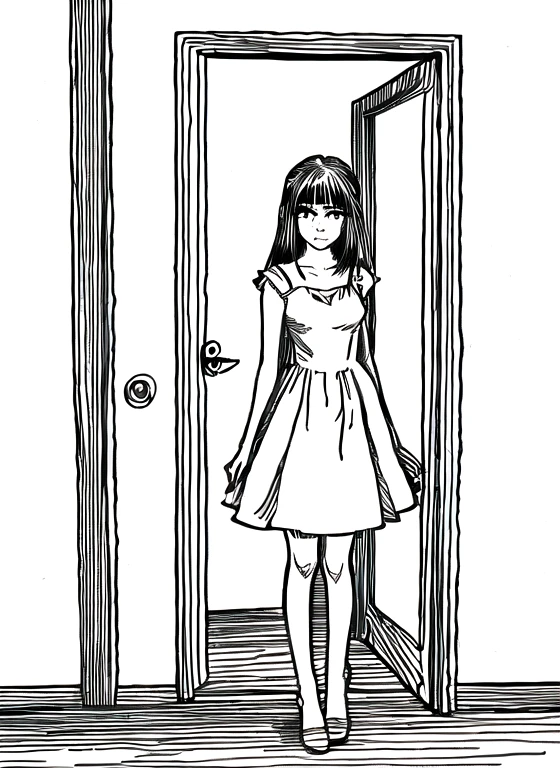 A drawing of a  girl in a dress standing in front of a door.、masterpiece,Highest quality,One person,Line art,