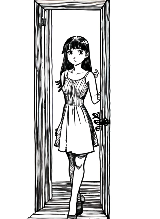 A drawing of a  girl in a dress standing in front of a door.、masterpiece,Highest quality,One person,Line art,