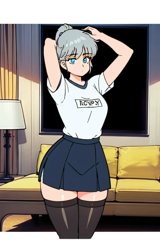 (((1 girl)),Ray Tracing,(Dim lighting),[Detailed Background (living room)),((Silver Hair)),(Silver Hair)),((Fluffy Silver Hair, Plump and slim girls)) Raised ponytail))) Avoid golden eyes in the ominous living room ((((is wearing a white opaque shirt, Black wrinkled skirt and black transparent stockings), Showing off a delicate, slender figure and graceful curves, Correct limbs, Put your hands behind your head, Put your hands behind your head, Put your hands behind your head , Eye details, Beautiful Eyes, Delicate eyes, blue eyes