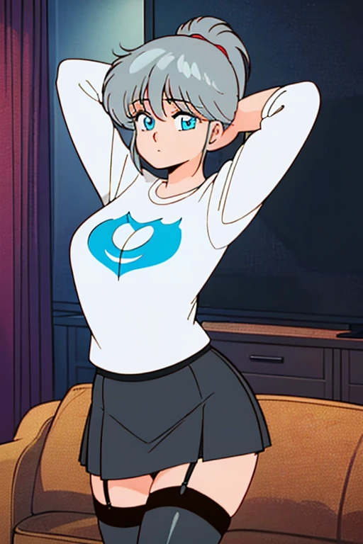 (((1 girl)),Ray Tracing,(Dim lighting),[Detailed Background (living room)),((Silver Hair)),(Silver Hair)),((Fluffy Silver Hair, Plump and slim girls)) Raised ponytail))) Avoid golden eyes in the ominous living room ((((is wearing a white opaque shirt, Black wrinkled skirt and black transparent stockings), Showing off a delicate, slender figure and graceful curves, Correct limbs, Put your hands behind your head, Put your hands behind your head, Put your hands behind your head , Eye details, Beautiful Eyes, Delicate eyes, blue eyes