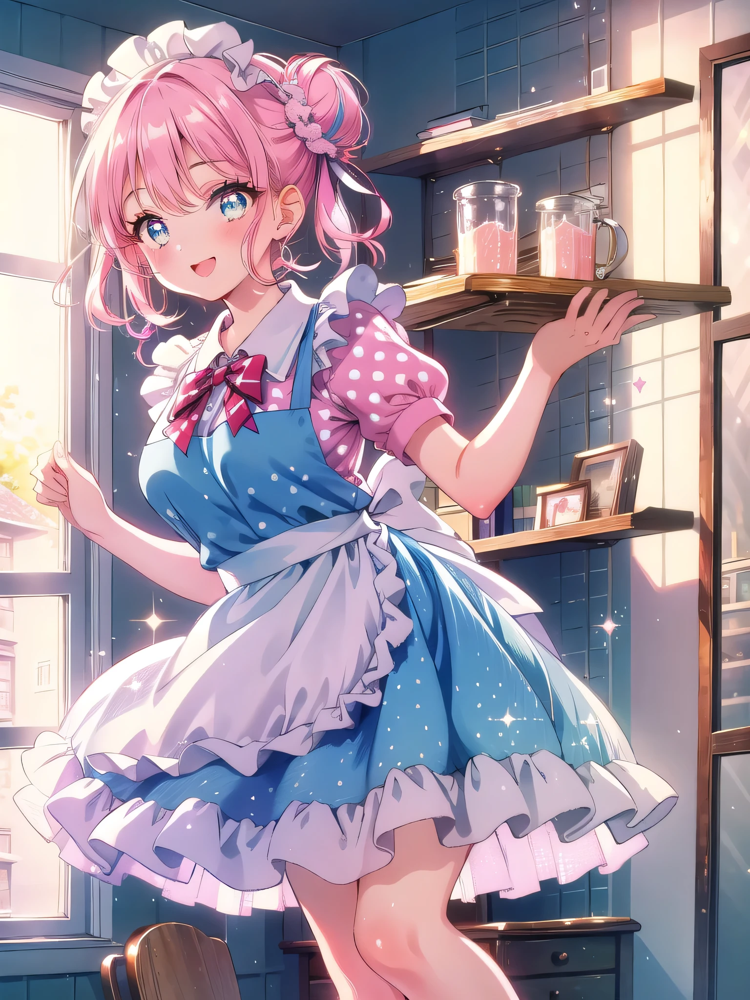 ((8k, Highest quality, masterpiece: 1.3)),Ultra-high resolution,(1 girl, alone), (Color changing eyes, Ultra-detailed, Expressive brilliance, Glitter, Glowing Eyes), Highly detailed eyes, Highly detailed face, Random Hair, ((pastel colour)),A beaming young woman with pastel pink hair styled into a messy bun, standing near her closet in her brightly lit bedroom during a sunny afternoon. She is dressed in a sweet yet subtly sexy 1950s housewife cosplay, wearing a polka-dotted dress with a fitted waist, an apron tied around her waist, and a pair of kitten heels. The camera captures her from a side angle as she adjusts her apron with a playful smile, her expression full of vintage charm and delight. The room is filled with natural light, with a few retro kitchen accessories on a nearby shelf, a small radio playing in the background, and a nostalgic, homely atmosphere,(nsfw:1.3)