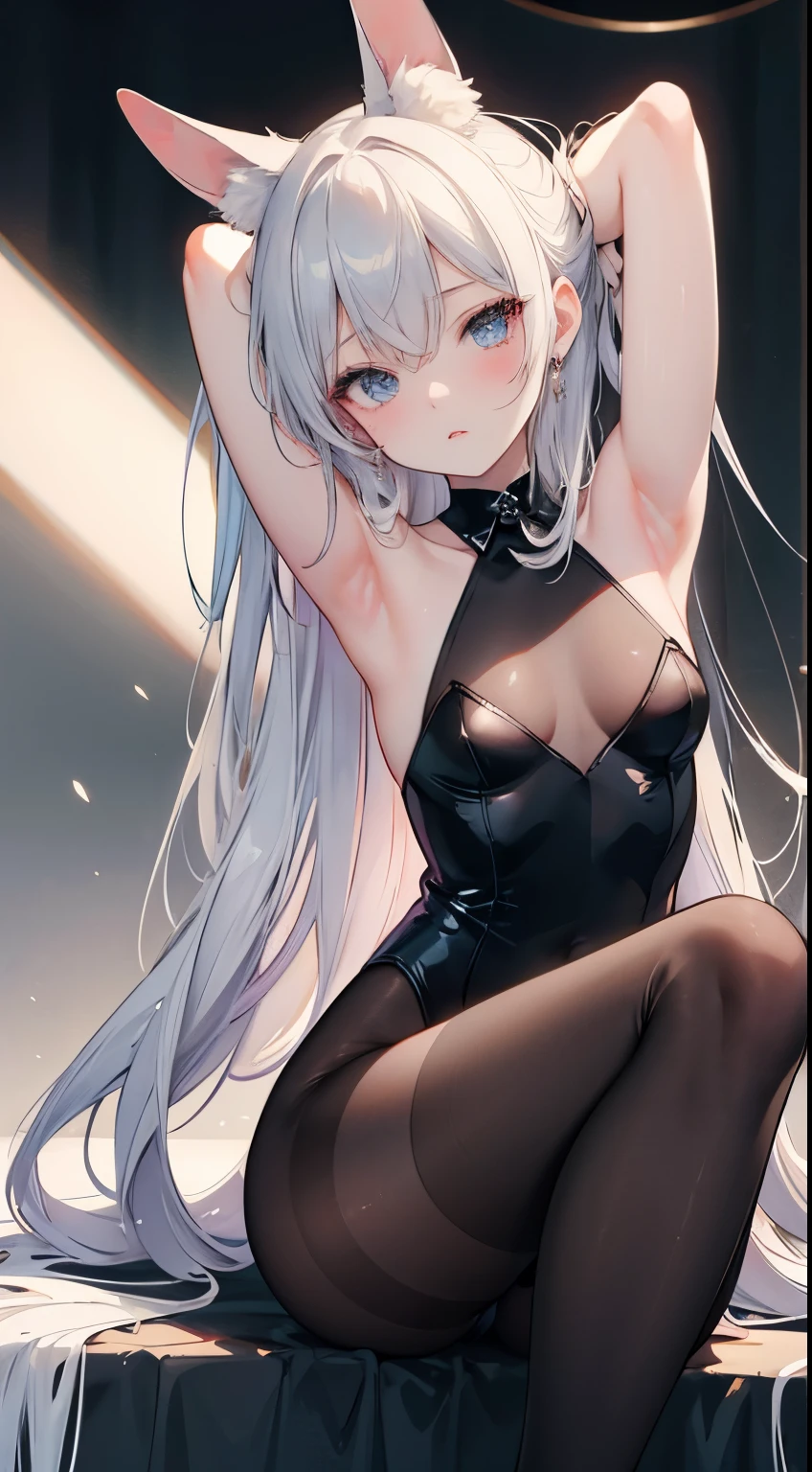(QUALITY:0)
8k, 8k wallpaper, (an extremely delicate and beautiful:1.1), (beautiful detailed eyes:1.3), (best illustration:1.1), (best quality:1.3), (best shadow:1.1), (cinematic lighting:1.2), detailed eyes, (detailed_light:1.1), (dreamy:1.1), (extremely detailed CG unity 8k wallpaper:1.1), highres, (masterpiece:1.3), official_art, ray tracing, (stylized:1.3), trending on artstation, (ultra_detailed:1.2)
(STYLE & COMPOSITION:0)
1girl, solo
(POSE & EXPRESSION:0)
blush, head_tilt, legs_apart, lips_apart, looking_at_viewer, unamused, armpit_showing
(CHARACTER:0)
argyle_pantyhose, black_pantyhose, bunnygirl, rabbit_hole, bare_shoulders, breasts_apart, topless, collarbone, Hatsune_Miku, high_heels, lips, makeup, (messy_hair:1.2), shiny_hair, shrug_\(clothing\), (small_breasts:1.3), very_long_hair
(BACKGROUND:0)
(TEXTUAL INVERSION:0)