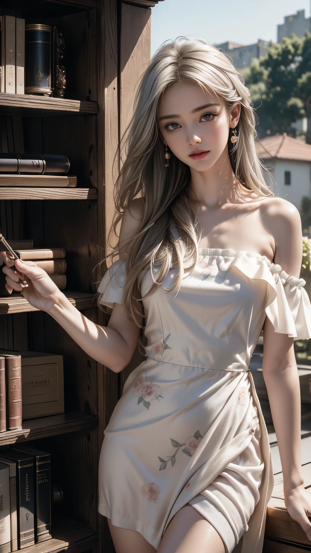 ((Woman Standing On Balcony Of Old Castle))Heterochromia of the iris,Silver-haired,High Resolution Free,(Semi-transparent off-the-shoulder white floral dress)、(The wind blows my skirt)((Girl Standing in Front of Library Bookshelves))、(Rear view)、(Recall)、Highest quality works,actual work,Ultra Premium Graphics,8K HD CG Works,High quality graphics,High-definition CG works,10x pixels,Extremely fine detail:1.1,Advanced Technical Details:1.1 Photorealistic,Natural light:1.5、((Golden white short hair))、(Bob Hair)、Thin eyebrows、High nose、Nice red lips、Rose Cheeks、Modest makeup face、Cute Face、Perfectly balanced face、()、Light-toned foundation enhances skin transparency。、、(Off-the-shoulder white floral dress)). 40k、photograph、Tabletop、Highest quality、Rain Background、((1 Beautiful eyes、Light Hair、White skin、 Mr..々tracing。((Mid-chest、:1.1))、Highest quality、Tabletop、Ultra-high resolution、(Genuine:1.4)、RAWphotograph、(Perfect figure)、(slim:1.3)、Slim abdomen、Perfect slim figure、Dynamic tracing、one person、Cold light 12000K、Very detailed face and skin texture、Microparticles、Genuine Eyes、Beautiful Microparticles、(Genuine Skin)、charm、Ultra-high resolution、surreal、Very detailed、