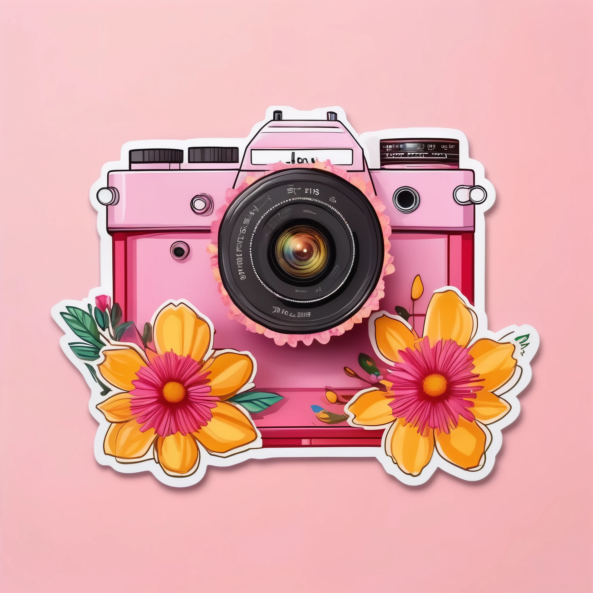 illustrate A sticker of Fashionable Pink Camera Showcasing Lens Perfect For Capturing Moments surrounding with Yellow, red flowers, on white background
