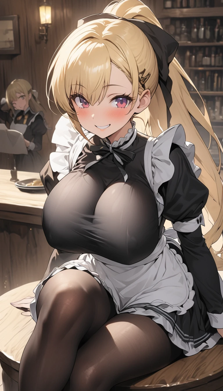 One Woman、beautiful girl、maid、20-year-old、blonde、ponytail、Western-style building、maidの、頭にmaidカチューシャ、Short skirt、Black Pantyhose、Ultra-high definition image quality、Highest quality, smile,Big Breasts、Very large breasts、Sit on a chair、Crossing your legs、Sit with your legs apart、Poses that accentuate the chest、Squint your eyes and smile、Breast augmentation、Lean forward