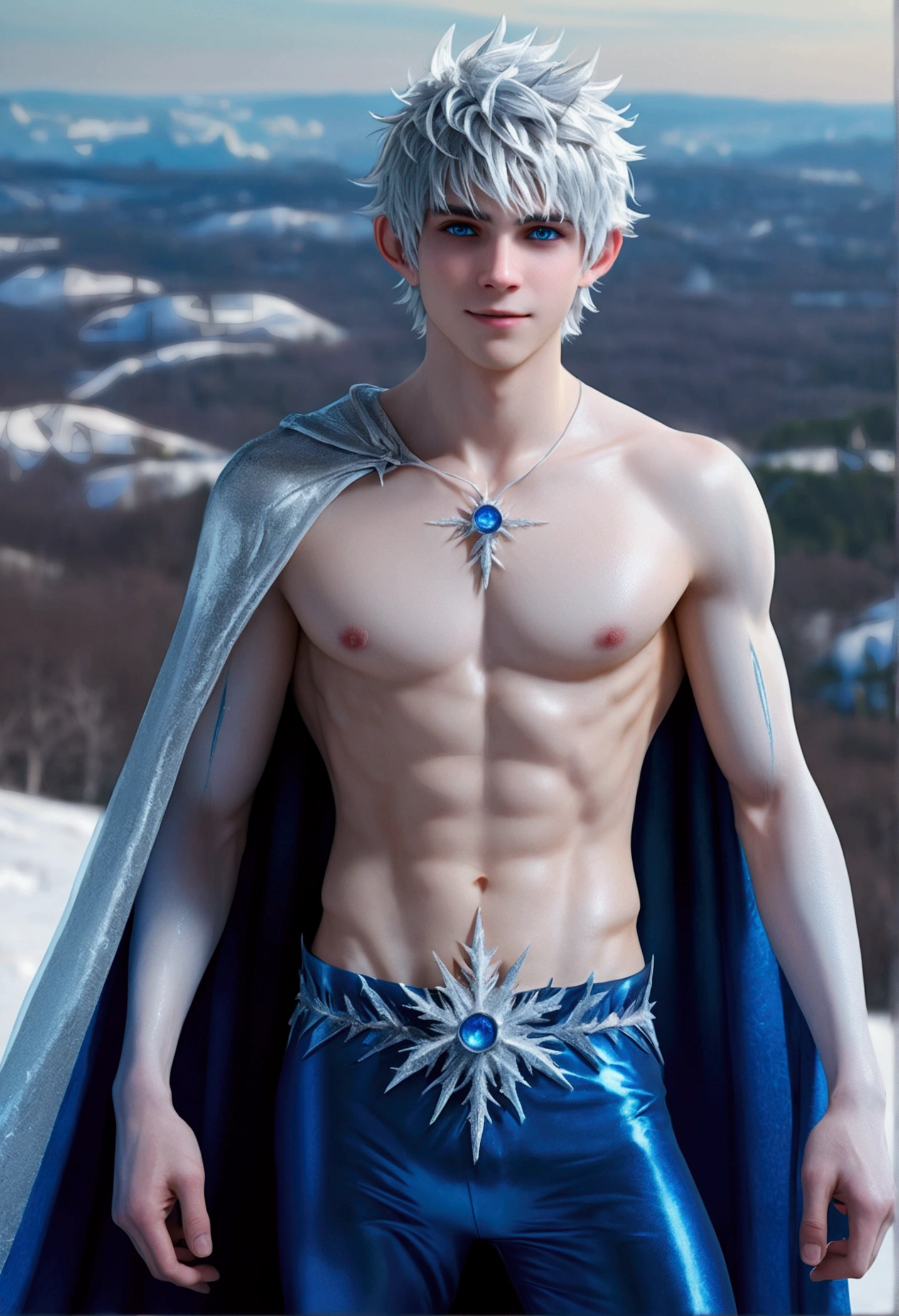 (Jack Frost: 1.6), full full body shots  photorealistiic young man, fairy prince , 18 years old, milk white skin, blue eyes, white hair, shirtless, 6-pax abs, (full body shot), young boy, 18 years old, beutiful, perfect, milk white skin, handsome and ver hunky body, very detailed blue eyes, very pale skin, barefoot in a snow forest, winter , white sparkling wing, . (masterpiece:1.4, best quality), (intricate detail), Unity 8k wallpaper, Ultra Detailed, (abstract art:1.2), (Anato Finnstark style:1.3), boy from another dimension, a symphony of iridescent colors merging and shifting seamlessly, dynamic pose with rotating patterns of energy around you, a mix of determination and serenity in his expression, a general feeling of transcendence and exploration, consumed by inner darkness, empty waiting you, (Beautiful cosmic eyes), perfect lighting, perfect shading,, flying above the city smiling.