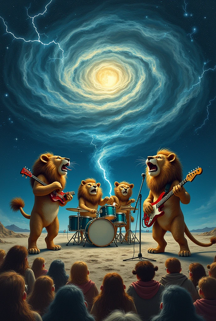 4 lions en train de jouer de la musique, avec un harmonica une guitare électrique une basse une batterie un micro, avec la foule, la nuit dans une tornade avec des éclairs, sur la Lune, avec pour titre apparaissant : "The Hurricane"