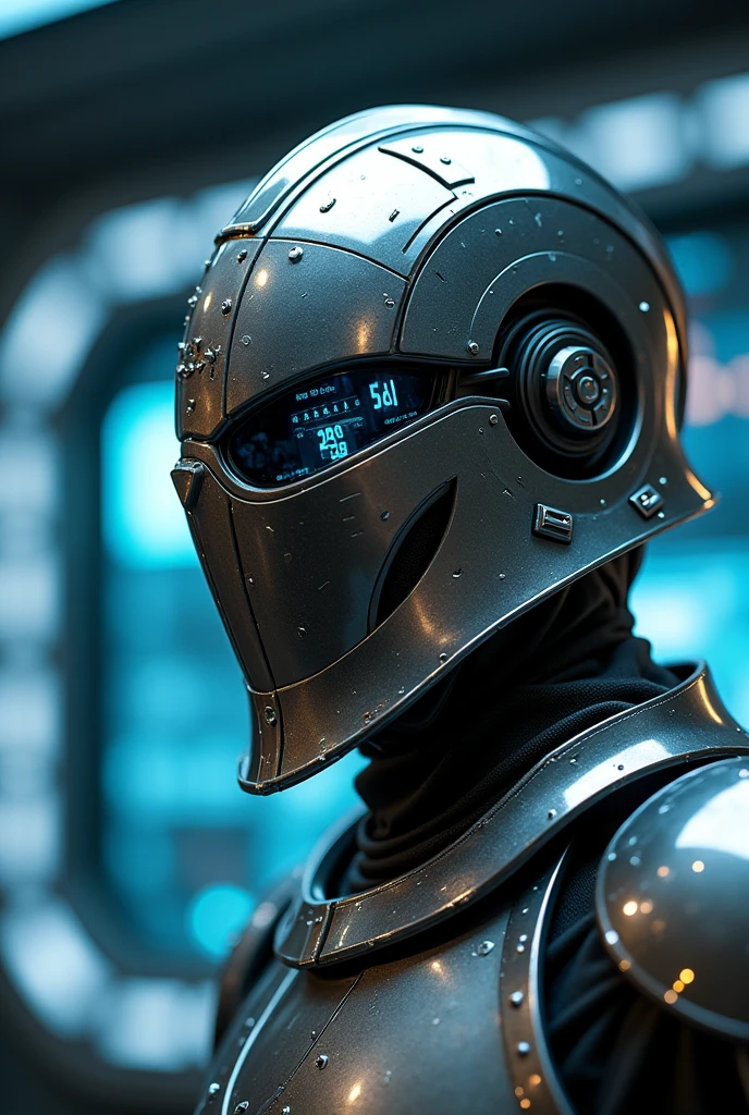 Helmet: The helmet should have a visor with a glowing interface, displaying digital data. The design should be inspired by a medieval knight's helmet but with a sleek, polished surface and subtle mechanical joints.
