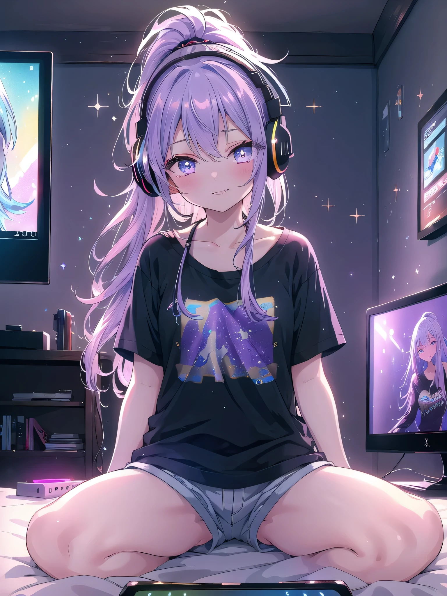 ((8k, Highest quality, masterpiece: 1.3)),Ultra-high resolution,(1 girl, alone), (Color changing eyes, Ultra-detailed, Expressive brilliance, Glitter, Glowing Eyes), Highly detailed eyes, Highly detailed face, Random Hair, ((pastel colour)),A joyful young woman with pastel lavender hair styled into a simple ponytail, sitting cross-legged on her bed in her softly lit bedroom during a quiet evening. She is dressed in a simple yet subtly sexy casual gamer cosplay, wearing a fitted graphic T-shirt, a pair of shorts, and gaming headphones around her neck. The camera captures her from a slightly low angle as she grins while holding a game controller, her expression full of excitement and focus. The room is dimly lit by the soft glow of a gaming monitor, with a few game posters on the wall, a small collection of games on a nearby shelf, and an energetic, immersive atmosphere,(nsfw:1.3)