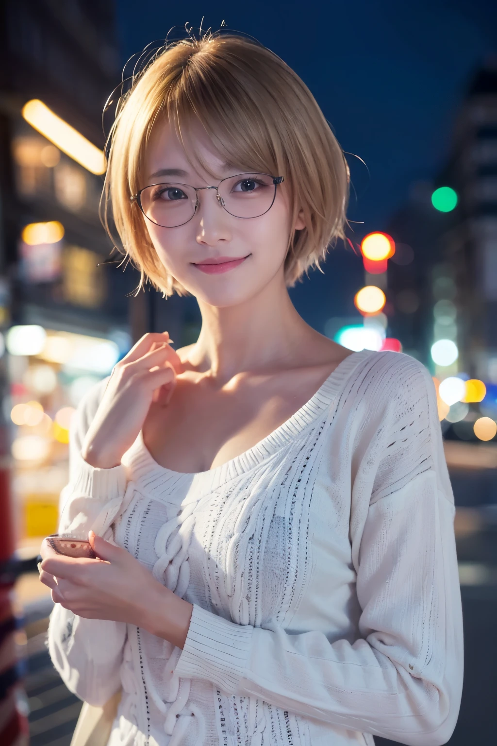 Japanese girl in casual clothes、Observe the audience、Tokyo cityscape at night、(highest quality、masterpiece)))、HD Fine、Very detailed、masterpiece、Cinema Lighting、(8k、highest quality、masterpiece:1.2)、(Realistic、Realistic:1.37) High resolution、Very detailed、Woman wearing glasses、A look of silence、Asian, cute, cute顔, alone,Blonde Short Hair 1.2, Textured skin, Beautiful smile, Beautifully detailed night sky, sea view, Cinema Lighting, Written boundary depth, Lens flare light、date、(Blushing your nose)、、(Mouth closed)Small breasts、A beautiful eye for detail、(sweater:1.1)、(Blonde Short Hair:1.2)、Floating Hair Nova Frog Style、