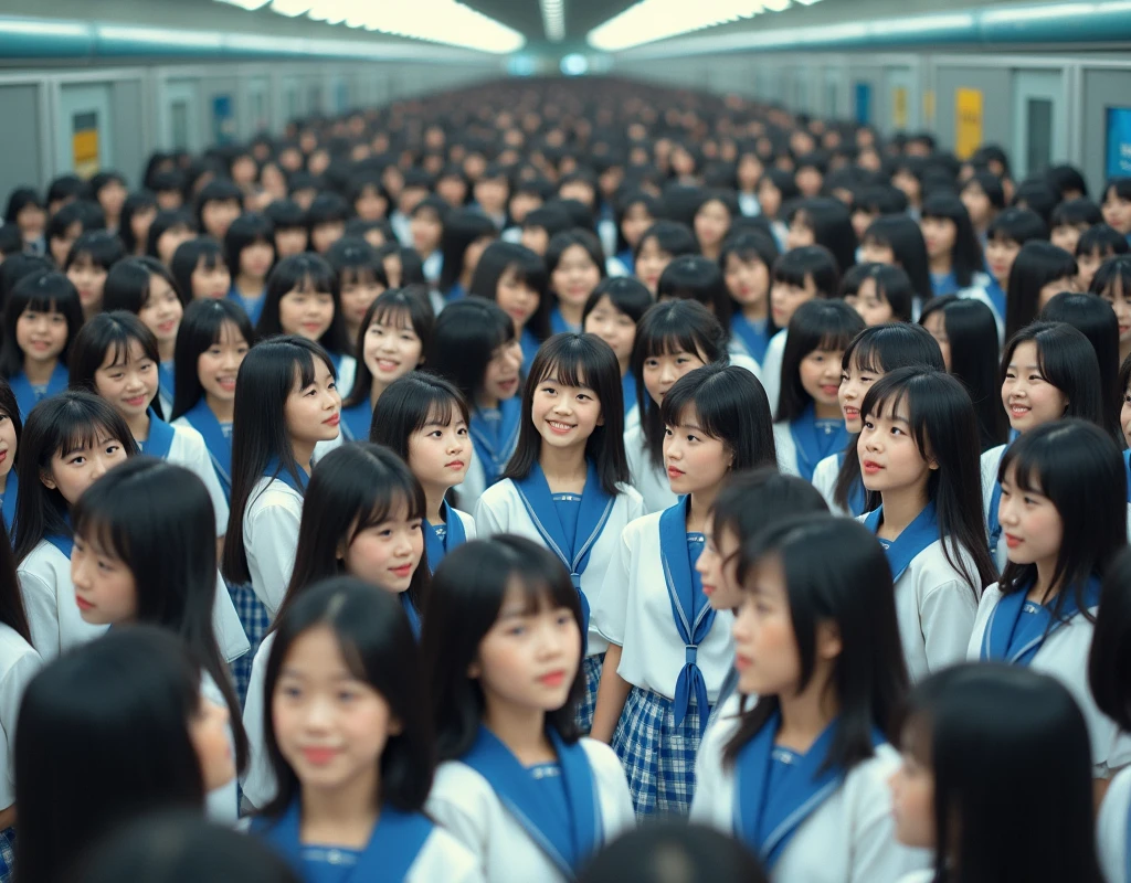 (Perfect Clone girls Raw Photography Art), (16K, Highest quality, Ultra-high resolution, Unrealistic, Unparalleled scale, A world of cloned girls multiplying, Ultra-realistic), (Japanese High School Girl, 16-year-old), (((((Small face, (((((Thick black hair, Semi-long hair)))))))))), ((Very beautiful detailed girls, Accurate body structure, Very detailed body, (((((Big Breasts))))), (((White shirt, Blue tie, Light blue checked mini skirt, White socks, Dark blue leather shoes))), ((Dark Eyes, Baby Face, Cute Smile, A gentle gaze)), (((((Happy laughter))))), (((((Very detailed, 1girl-1,000,000cloning))))), (((100girls), (6+girls), multiple girls))), (((((Very detailed depiction of the other self, Perfectly the same girl, The exact same smile, Perfect same hair, Perfect same clothes, Exactly the same height, 完璧な同じBig Breasts))))), (((((clone girls only))))), ((10,000clone girls)), ((1,000,000clone girls)), ((1,000,000,000clone girls)), ((A 20-car train packed with passengers, Arrive at the station, People coming and going through the automatic doors, Have fun and smile, Laughing, While talking, pass by)), ((1,000,000,000,000,000,000clone girls)), ((1,000,000,000,000,000,000,000,000,000clone girls)), ((The sight of the ultimate super-crowded, Abnormal extreme crowding, Countless clone girls packed together tightly)), (Soft Light, super wide view, (((((Extremely detailed and clear ultra-telephoto depiction)))))), (((Subject depth extremely shallow)))
