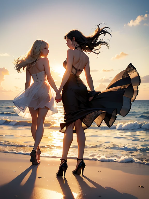 (realistic photo:1.37), Summer sea evening sunset, Sunset overlap the person, The sunset is reflected on the sea surface, (Dazzling sunset:1.4, beautiful evening sunset:1.3), (2 womens, Back view of two women on the beach), (((Holding hands and looking beyond the horizon))), (Lens Ghosting:1.5, lens flare:1.2, Octagon-shaped lens ghost), Fiery Horizon, (Silky platinum blonde Hair:1.2), (The other one woman ultra Shiny straight black hair:1.3), ((Natural backlighting:1.4)), ((one woman wears lace tiered mini skirt and sheer white Summer clothes)), ((The other one woman wears a sheer tulle skirt and Sheer Summer Dresses)), ((full body view:1.2)), Slightly slimmer body, Realistic Skin, Slightly large butt, high heels,
BREAK. masterpiece, ultra high resolution, high definition RAW photograph, Highly detailed CG, best quality, 4K, perfect anatomy, perfect proportions, Romantic Landscape, Sparkling sea, Accurate limbs, Back blur, Hand details, finger details, light leaks, erotic body