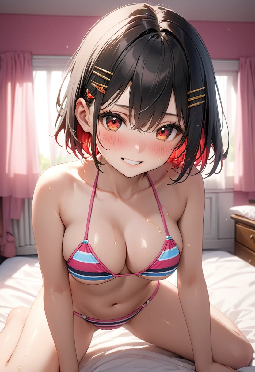 (8k, RAW Photos, Highest quality, masterpiece: 1.2), masterpiece, Super Detail,Best lighting, (Realistic and photorealistic photography: 1.4), High-resolution RAW color photos, Highly detailed mouth,1 young  cute girl, (Sexy low rise stripe bikini), Exposing the abdomen,Background Blur, blush, Depth of written boundary, Hair between the eyes,short hair,(red inner hair with yellow hairpin),red eyes,(Oily skin:1.5,Glowing Skin),((whole body)), Embarrassing,False Smile:1.3,Black Hair,in the pink bedroom,glitter skin,short,young,,large breasts