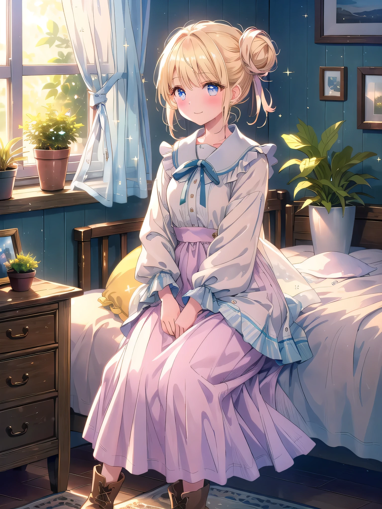 ((8k, Highest quality, masterpiece: 1.3)),Ultra-high resolution,(1 girl, alone), (Color changing eyes, Ultra-detailed, Expressive brilliance, Glitter, Glowing Eyes), Highly detailed eyes, Highly detailed face, Random Hair, ((pastel colour)),A cheerful young woman with pastel blonde hair styled into a simple low bun, sitting on the edge of her neatly made bed in her softly lit bedroom during a warm afternoon. She is dressed in a modest and humble farm girl cosplay, wearing a plain white blouse with rolled-up sleeves, a long denim skirt, and a pair of simple brown boots. The camera captures her from a slightly elevated angle as she smiles warmly while holding a small potted plant, her expression full of contentment and joy. The room is softly lit by natural sunlight streaming through a window, with a few potted plants on the windowsill, a rustic wooden nightstand with a small lamp, and a peaceful, homely atmosphere.