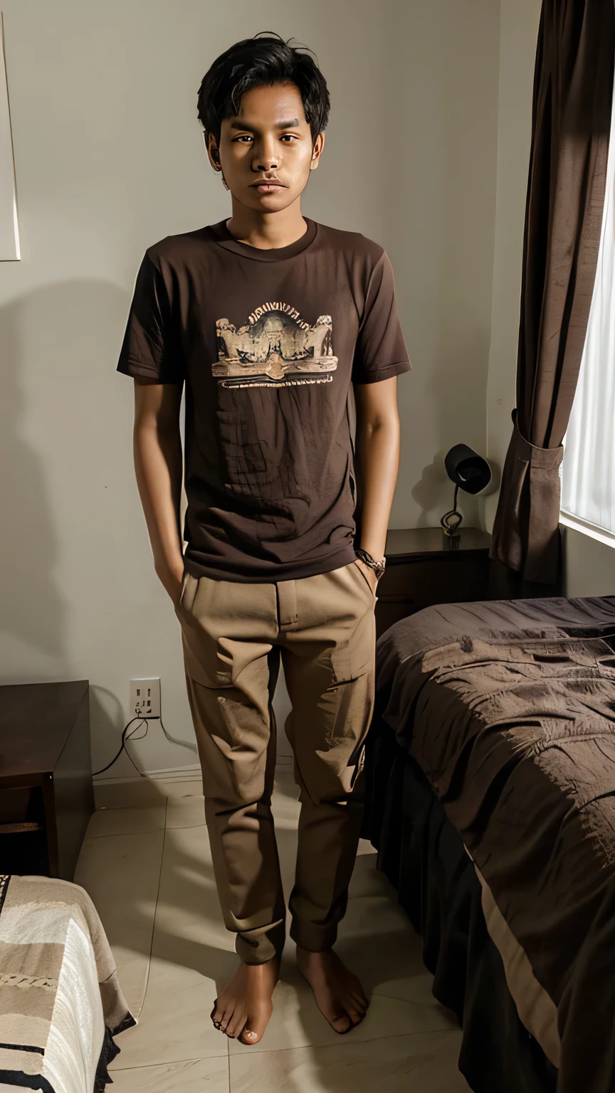 indonesian boy,((18 years old)), mad face, short wavy hair, brown skin, shirt, pants, skinny, bedroom, full body