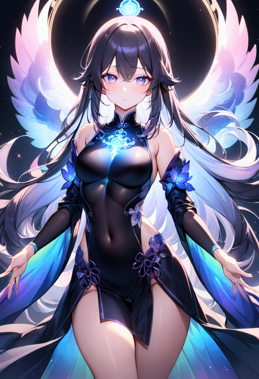 Anime girl with long straight dark iridescent hair,athletic body,taoist, detailed body, detailed eyes, masterpiece, best quality, aesthetic, standard pose