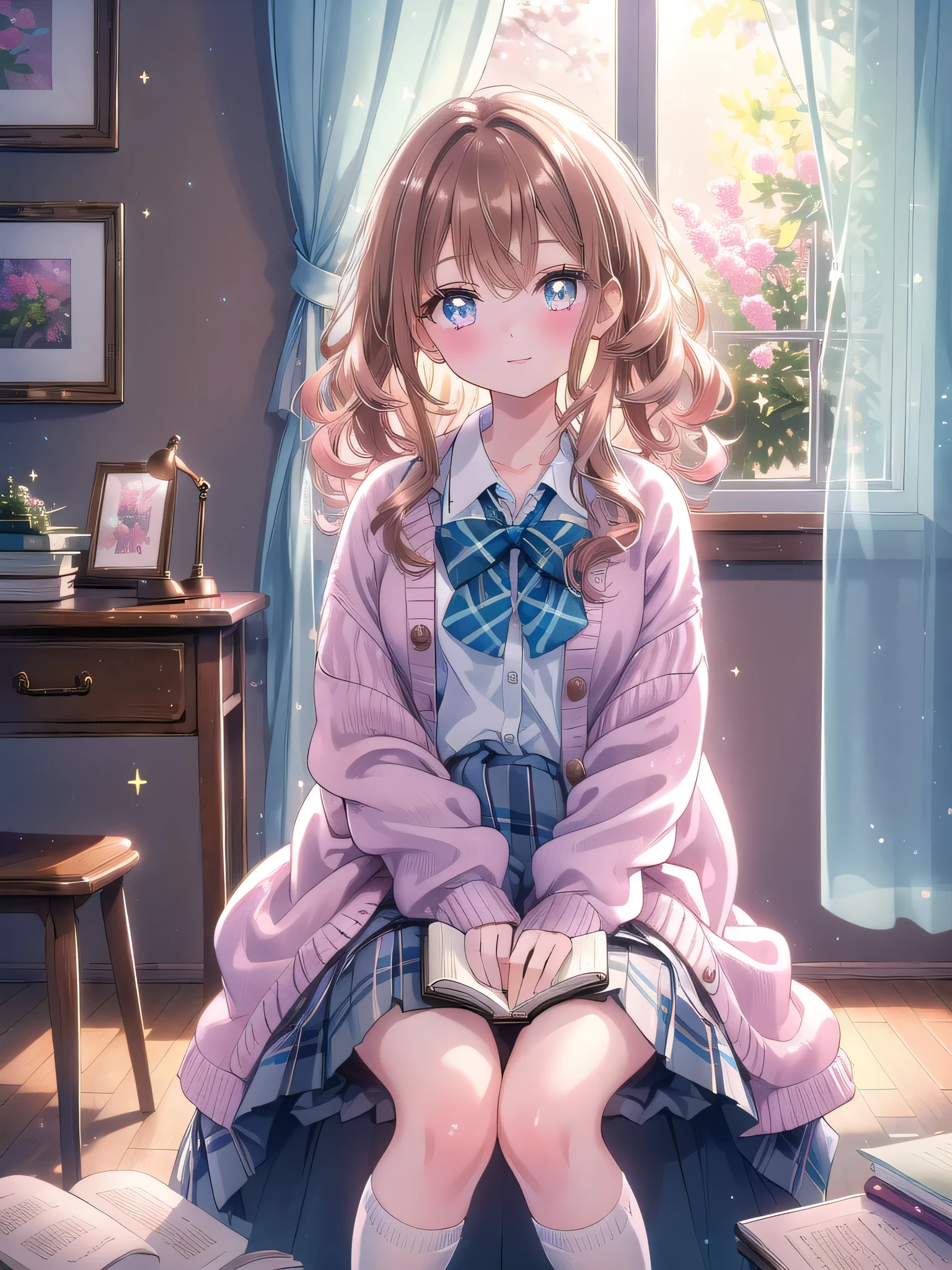 ((8k, Highest quality, masterpiece: 1.3)),Ultra-high resolution,(1 girl, alone), (Color changing eyes, Ultra-detailed, Expressive brilliance, Glitter, Glowing Eyes), Highly detailed eyes, Highly detailed face, Random Hair, ((pastel colour)),A joyful young woman with pastel brown hair styled into loose curls, sitting cross-legged on the floor of her softly lit bedroom during a bright morning. She is dressed in a modest schoolgirl cosplay, wearing a simple pleated skirt, a white button-up shirt, and knee-high socks. The camera captures her from a slightly elevated angle as she tilts her head with a playful smile, holding an open notebook in her lap, her expression full of innocence and charm. The room is softly lit by the morning sun filtering through sheer curtains, with a small desk and chair in the corner, a stack of textbooks on the floor, and a calm, studious atmosphere.

