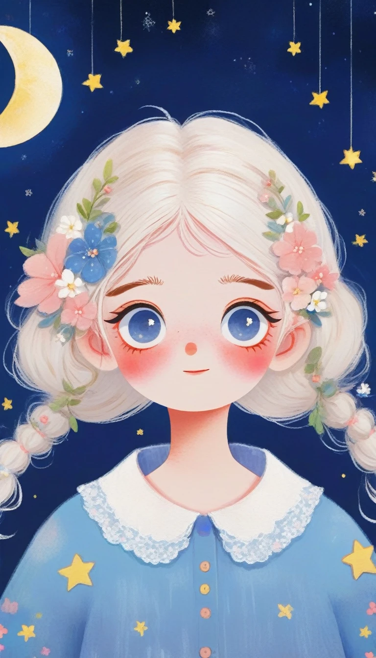 masterpiece, best quality, Cute hand painted, Picture book illustration,1 Girl, solo, White hair flowers,Shirt lace collar, blush, Hair accessories, Audience,Crescent moon and stars overhead,Large blank space at the top,Characters account for 30%%,Blue Background