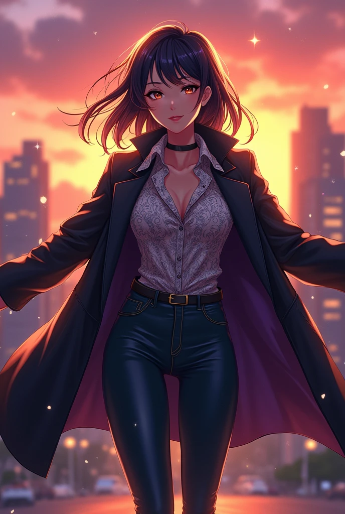 Anime woman opening a coat with both arms, Holding the coat fully open in a stretched manner, revealing her sexy body in the shirt 