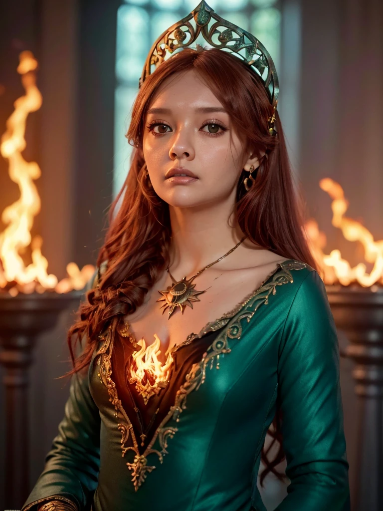 (((Cinematic heavy metal poster))) of Alicent Hightower wearing a elegant medieval green dress, Tiara on the head , ((40 years old)) , Gothic style, (a detailed RAW photo of a ), (master part:1.0), (best quality:1.4), (Ultra Highres:1.2), (photorealistic:1.4), 8K resolution, Canon EOS R5, 50 millimeters, Absurd, Ultra Detailed, sharp focus, Cinematic lighting, detailed face, (ULZZANG-6500-V1.1), detailed skin texture, pale skin, chest round, (pale :0.5), Cinematic lighting. (((Abstract flames background, cinematic lighting )))