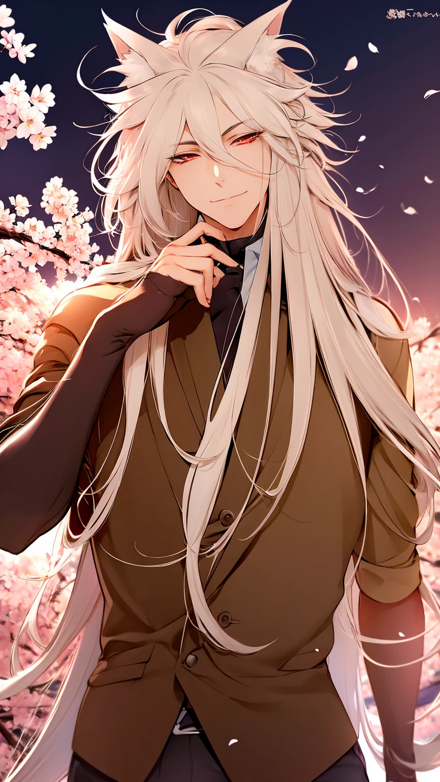 1young man, solo, male photo, White hair,long hair, fox year,Best quality, masterpiece,cherry blossoms,twilight ,ultra detailed 