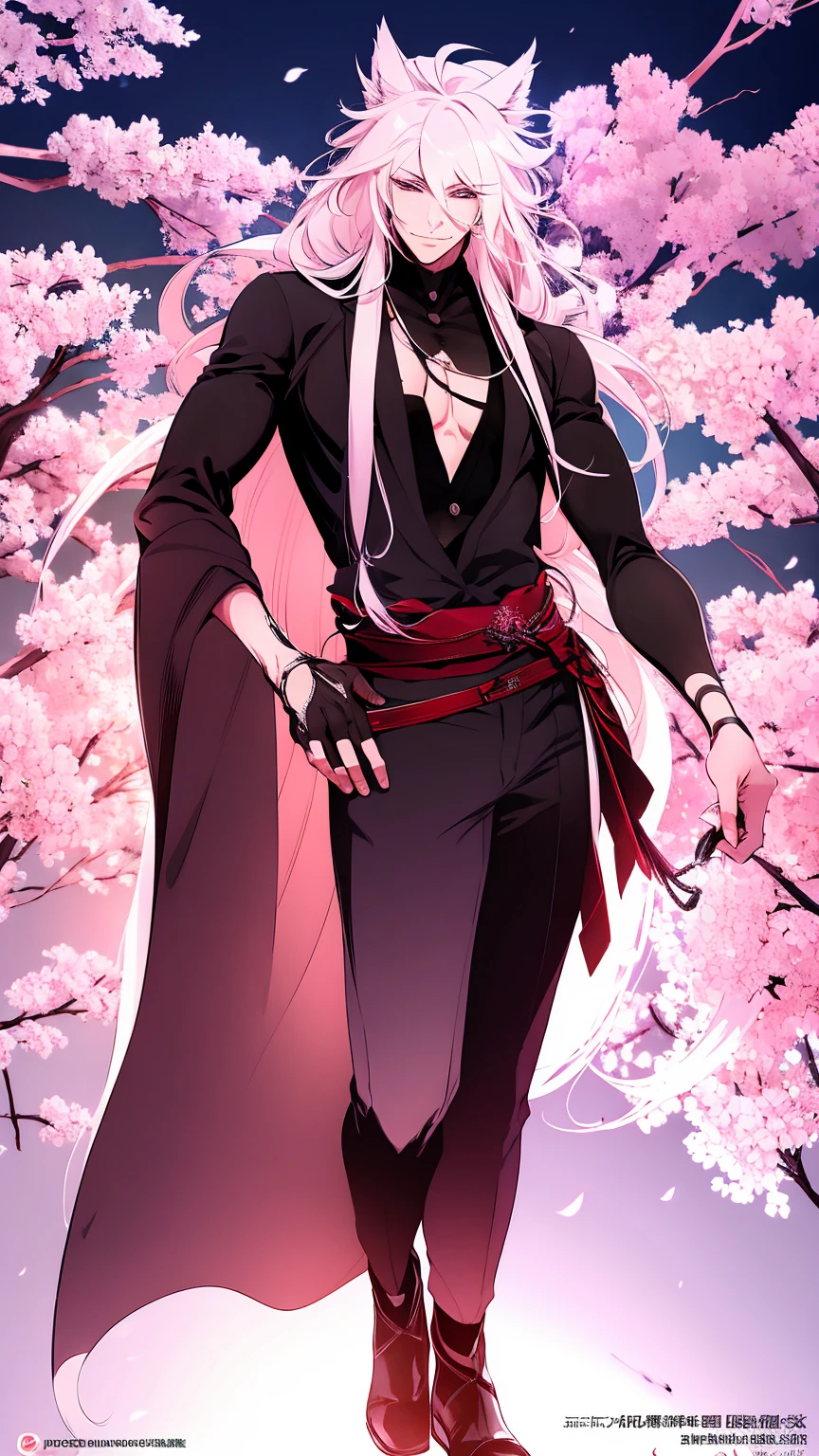 1young man, solo, male photo, White hair,long hair, fox year,Best quality, masterpiece,cherry blossoms,twilight ,ultra detailed 