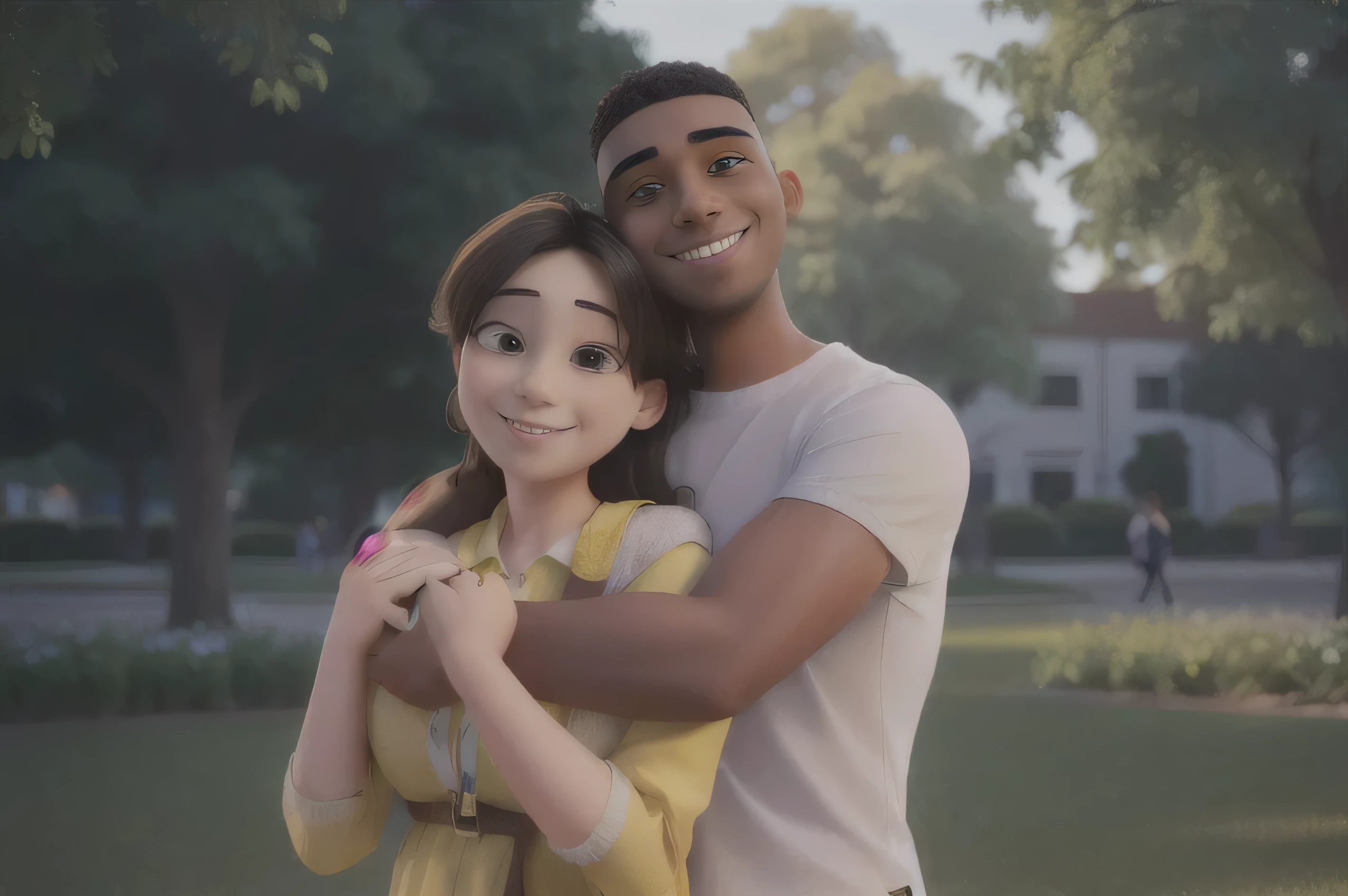 there is a man and woman hugging in the park, smiling couple, happy couple, couples portrait, couple portrait, mix of ethnicities and genders, woman hugging woman from back, stock photo, diverse, istock, couple pose, portrait of two people, mixed art, attractive photo, stock image, amazing depth, artistic interpretation, bright sunny day, , girl wears yellow thin straps top,