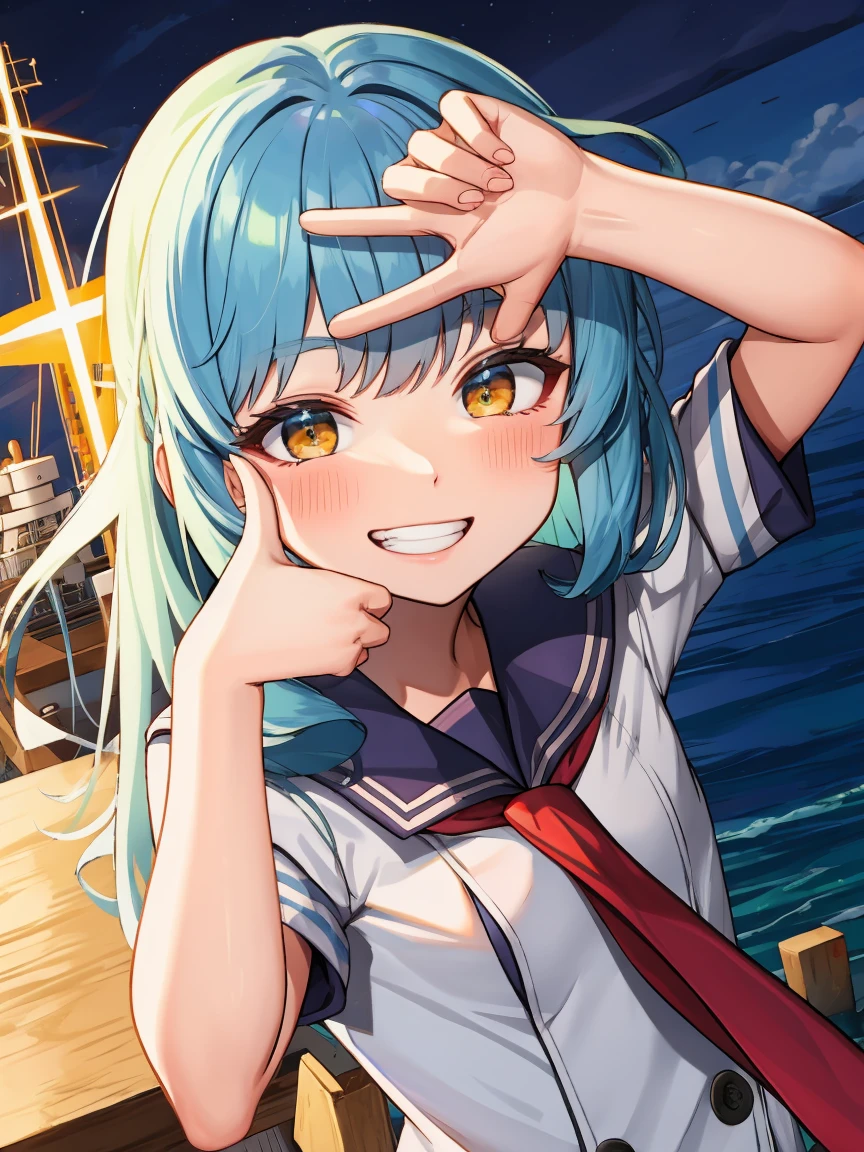 Portrait, official art, best masterpiece, best quality, best resolution, 8K, best detailed, perfect anatomy
BREAK
(bust up shot), finger frame, (Hair fluttering in the wind), facing to viewer,
BREAK
(smile), blush, happy, grin
BREAK
murakumo (kancolle), long hair, dress, sailor dress, amber color eyes, grey hair, red necktie, ribbon, hair ribbon, sailor collar, bangs, sidelocks, white dress, tress ribbon, blue sailor collar, 1gilr , solo, (small breasts:1.2)
BREAK
(night, midnight, darkness:1.3), (sea, on the sea, sky), dust, dust, light particles very fine and detailed 16KCG wallpapersrs