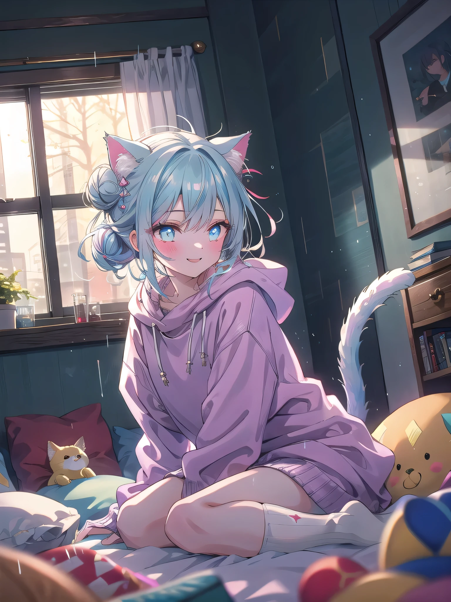 ((8k, Highest quality, masterpiece: 1.3)),Ultra-high resolution,(1 girl, alone), (Color changing eyes, Ultra-detailed, Expressive brilliance, Glitter, Glowing Eyes), Highly detailed eyes, Highly detailed face, Random Hair, ((pastel colour)),A playful young woman with pastel blue hair styled into a messy bun, sitting on the floor of her softly lit bedroom during a rainy afternoon. She is dressed in a subtly sexy cat-themed cosplay, wearing a cozy oversized sweater with cat ears on the hood, thigh-high socks, and a tail accessory. The camera captures her from a slightly low angle as she smiles mischievously, playfully tugging on the tail while gazing out the window. The room is softly lit by the muted daylight, with rain softly pattering against the window, a few plush toys scattered around, and a cozy, playful atmosphere.