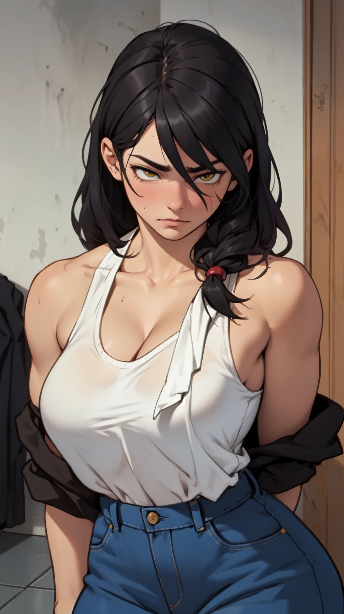 solo muscular girl muscular girl muscular girl thick thick thick breasts breasts breasts massive hair black hair yellow eyes pale skin embarrassed empty eyes sad