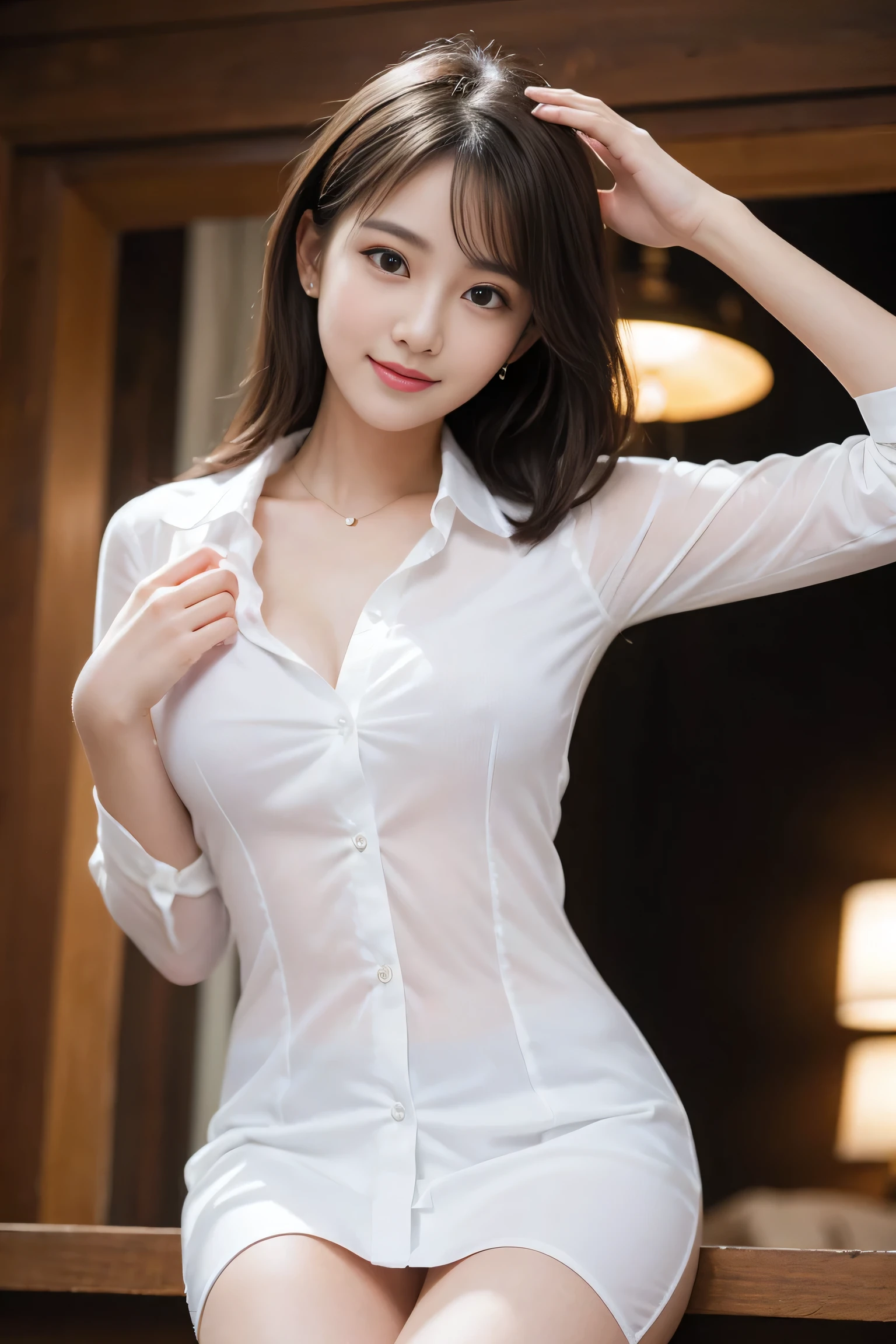 (RAW Photos), (Realistic), (masterpiece), (Highest quality), High resolution, 8k, (Intricate details), (Volumetric Light), Portraiture, woman, Age 25, Medium Hair, Straight hair, Layered Hair, Brown Hair, Very beautiful eyes, Source Sequence, Very thin eyebrows, Very fine skin, Very beautiful mouth, Very nice nose, Cute like an idol, smile, (Thick lips), (Looking at the audience), (White Collar Dress Shirt), Above the knee shot,Slim figure、
